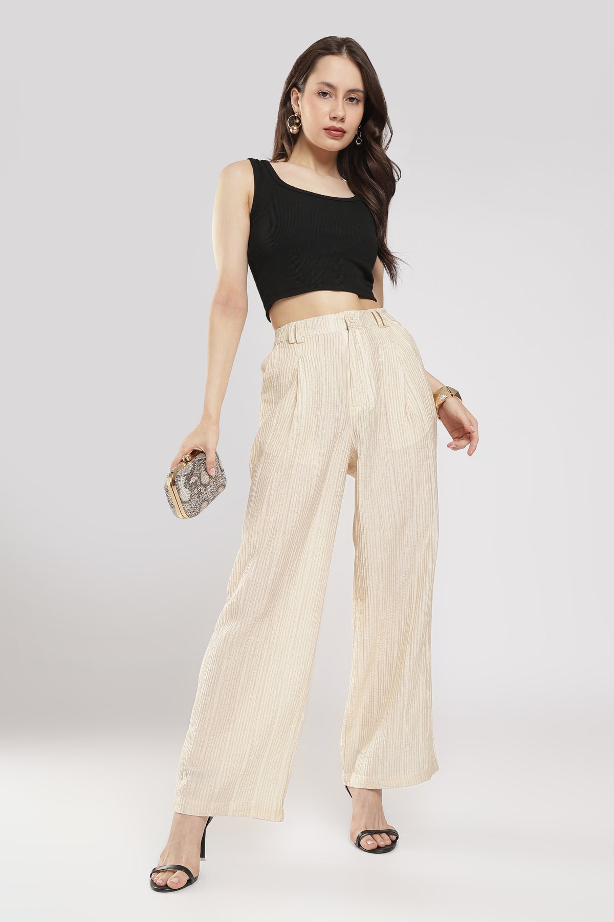 Women beige Textured High-Rise Wide-Leg Trousers