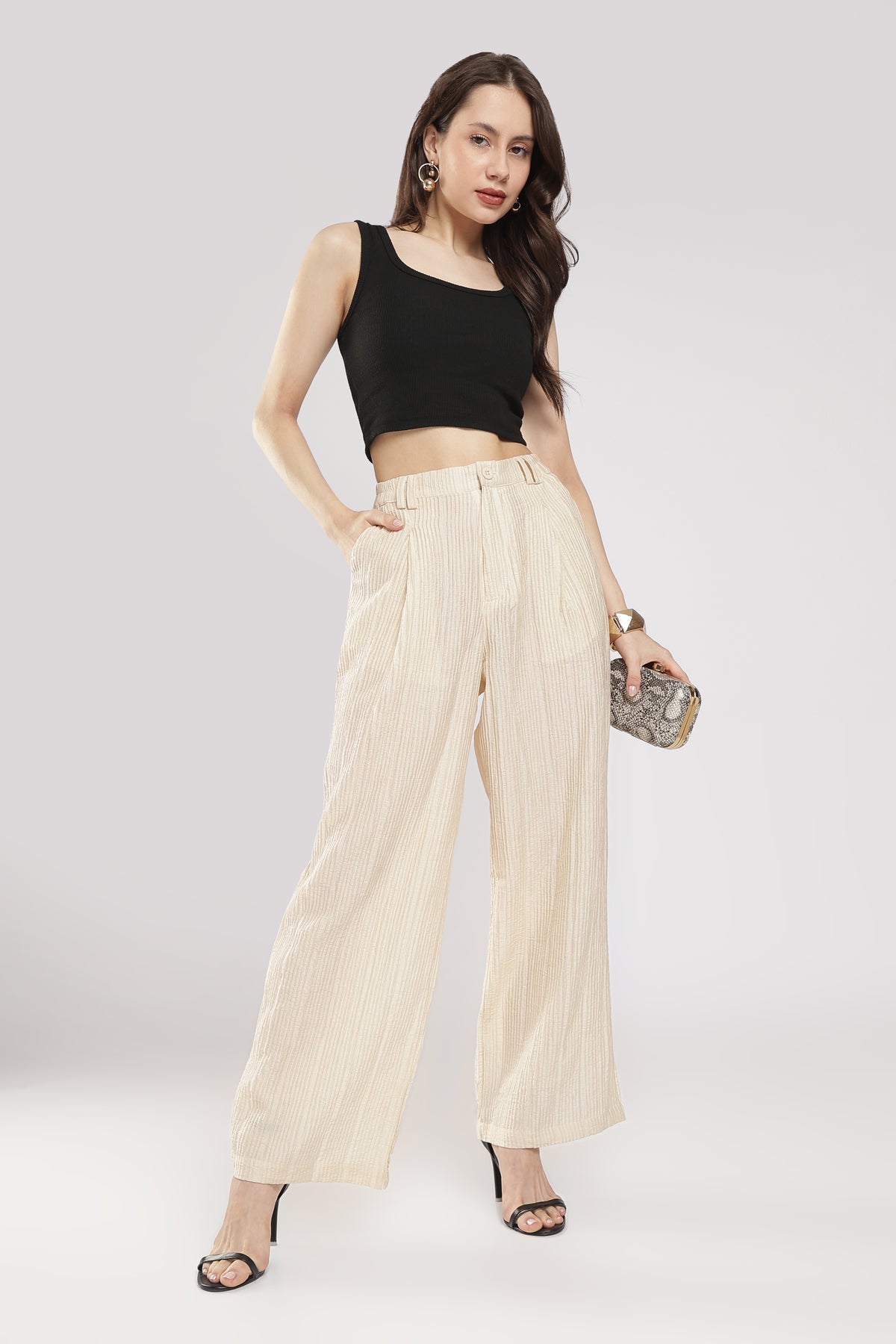 Women beige Textured High-Rise Wide-Leg Trousers
