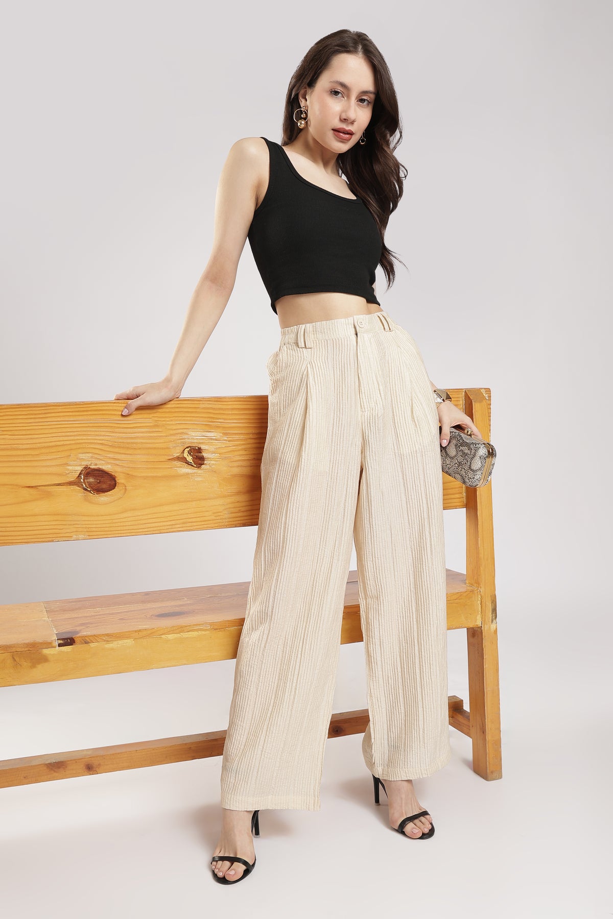 Women beige Textured High-Rise Wide-Leg Trousers