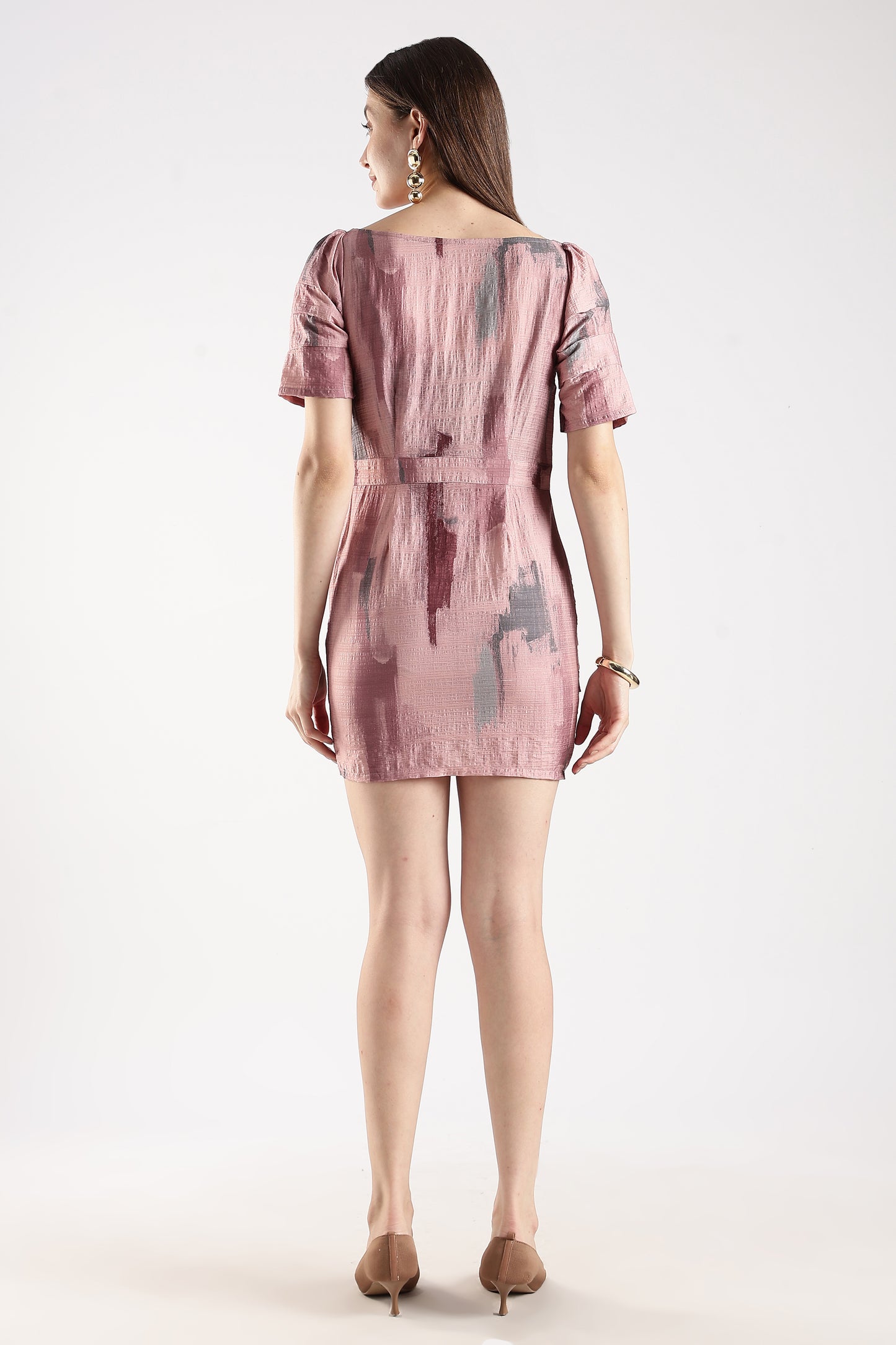 Textured Puff-Sleeve Mini Dress Pink Abstract