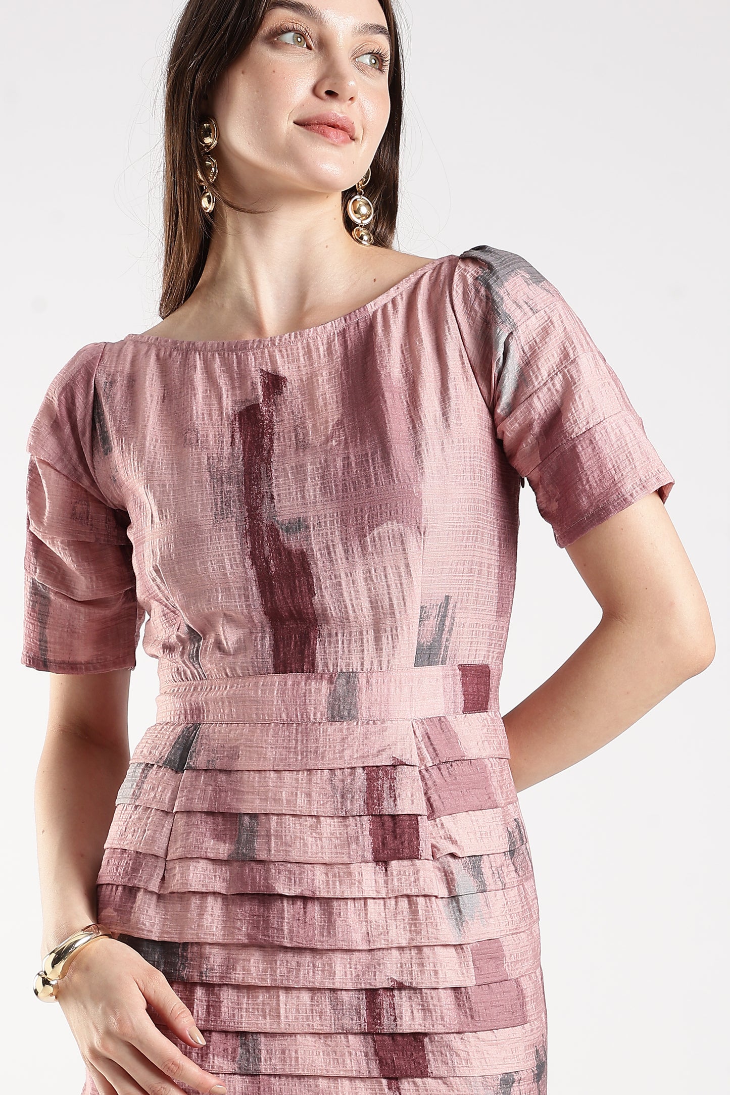 Textured Puff-Sleeve Mini Dress Pink Abstract