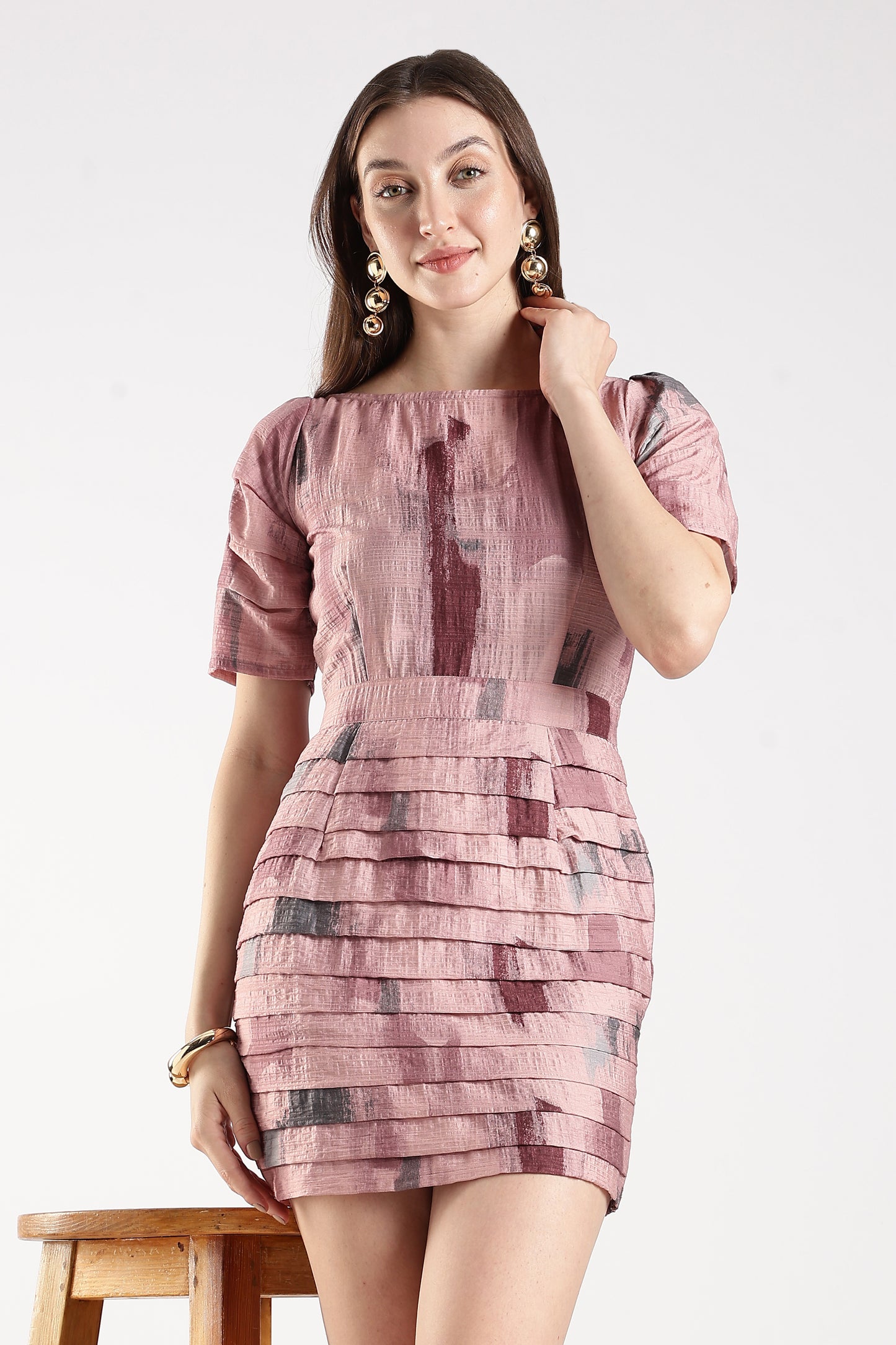 Textured Puff-Sleeve Mini Dress Pink Abstract