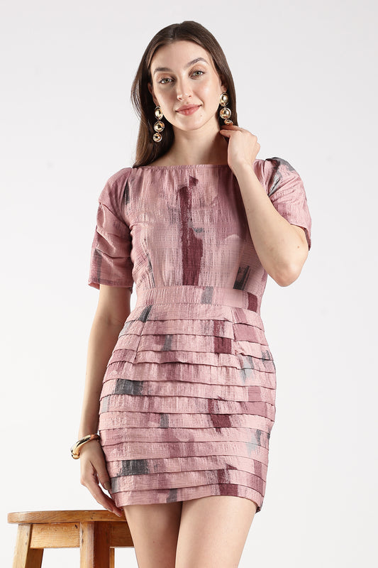 Textured Puff-Sleeve Mini Dress Pink Abstract