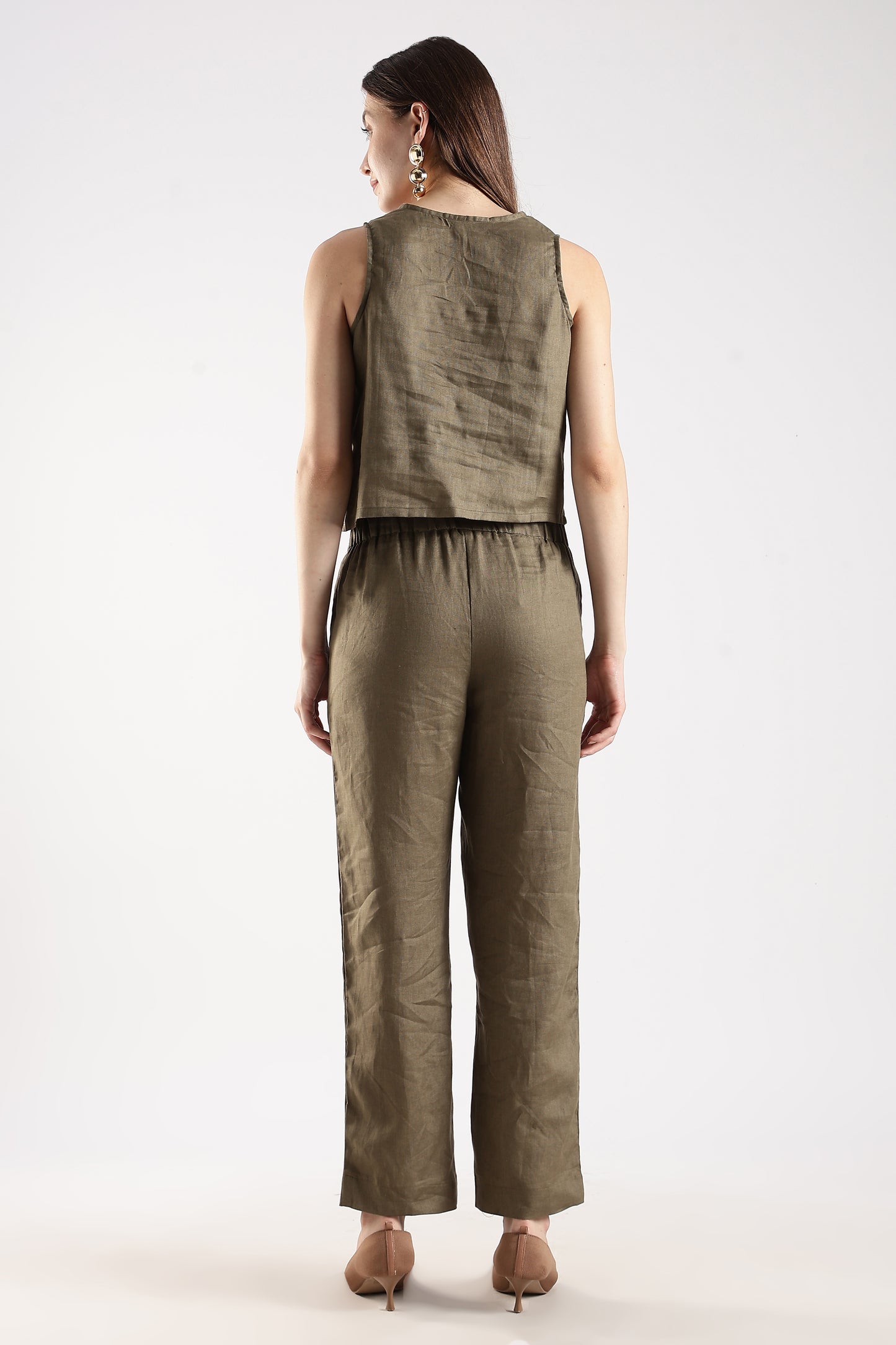 Linen Trousers with Back Elastic Detail Olive