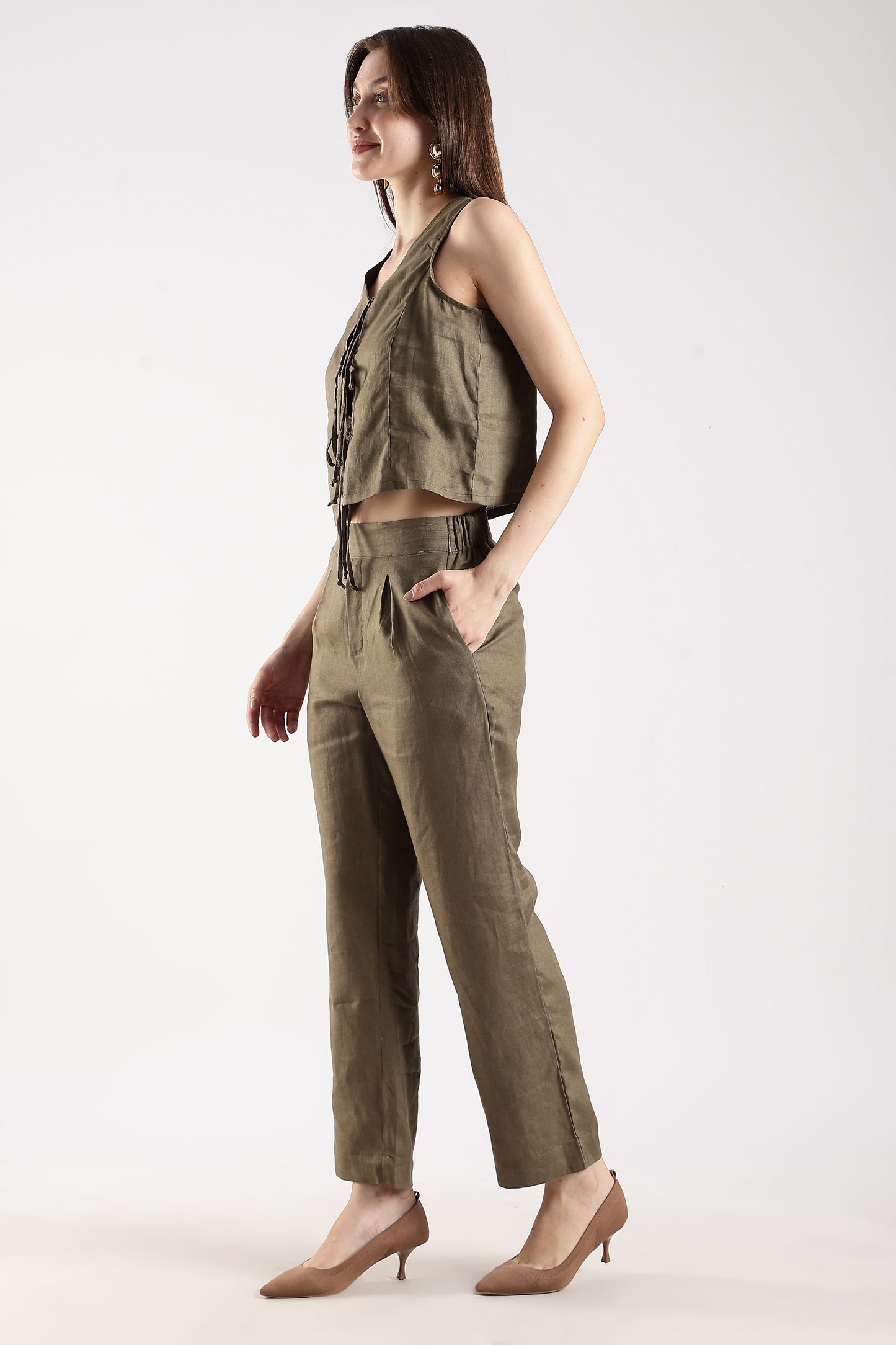 Linen Trousers with Back Elastic Detail Olive