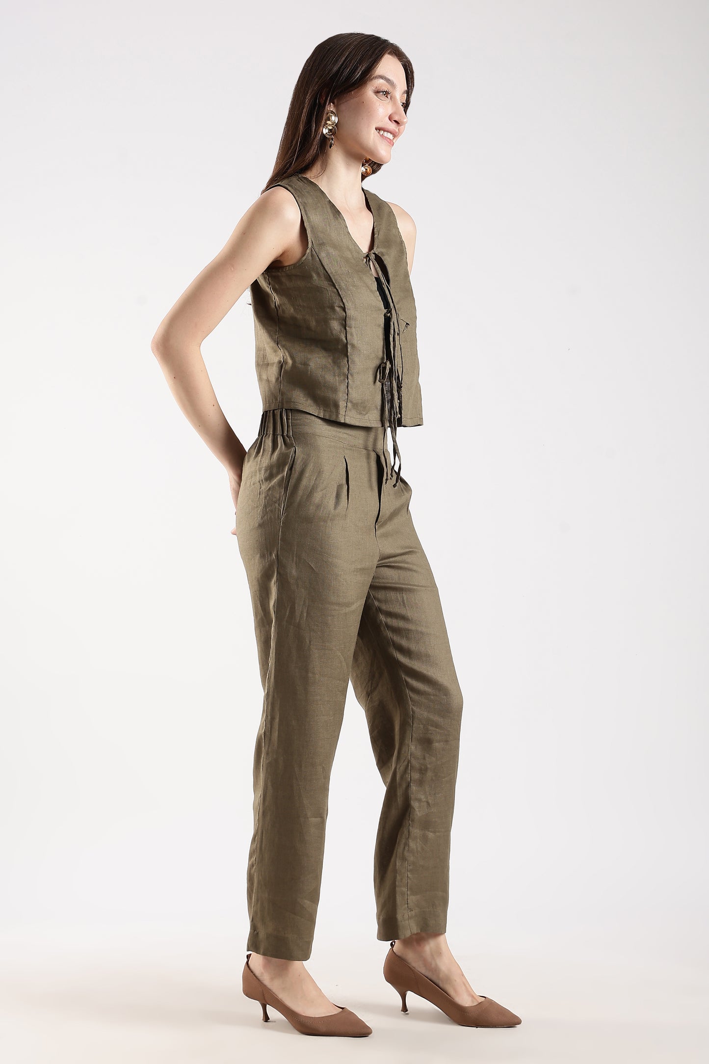Linen Trousers with Back Elastic Detail Olive