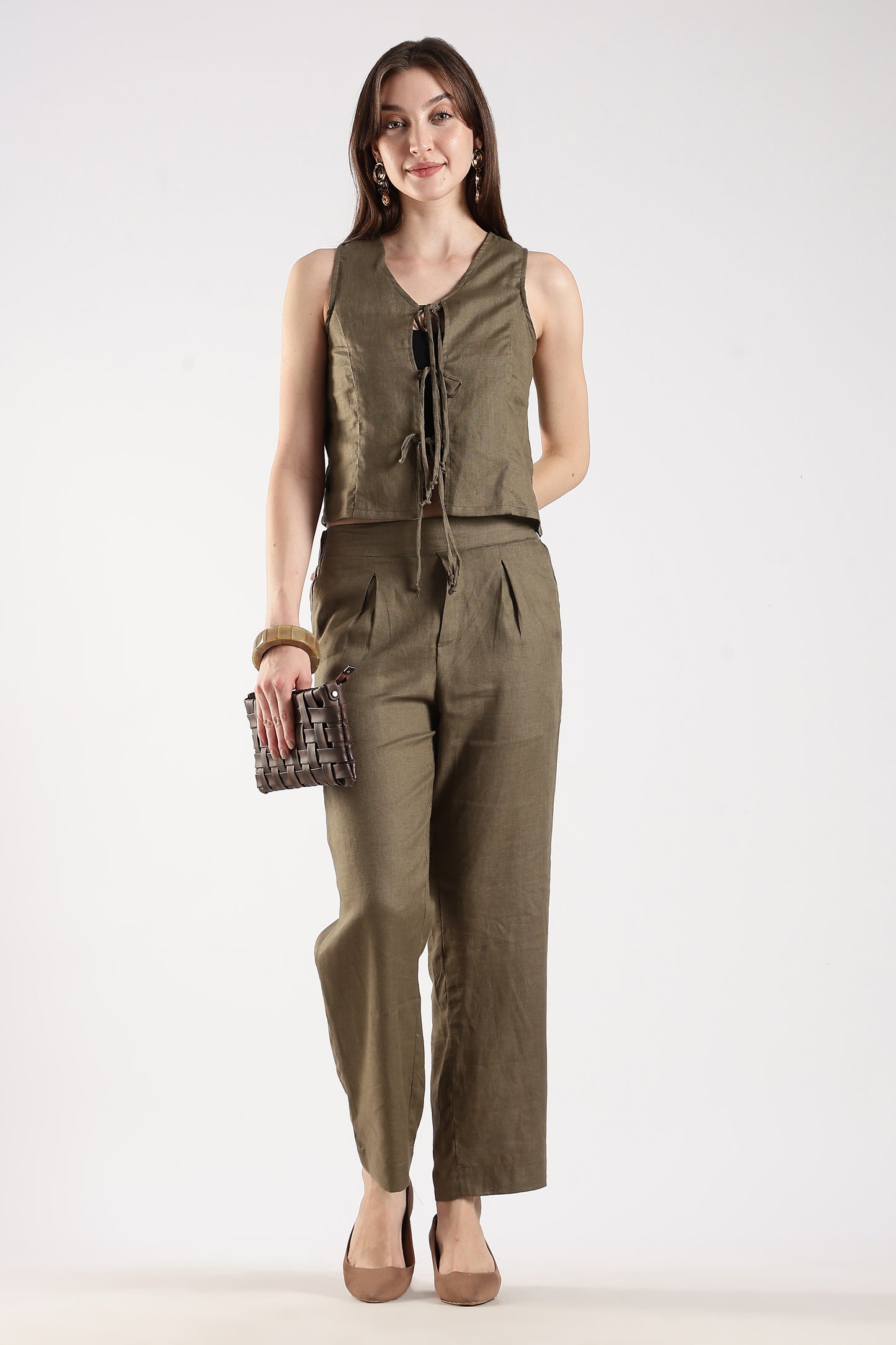 Linen Sleeveless Top With Front Tie Ups Olive