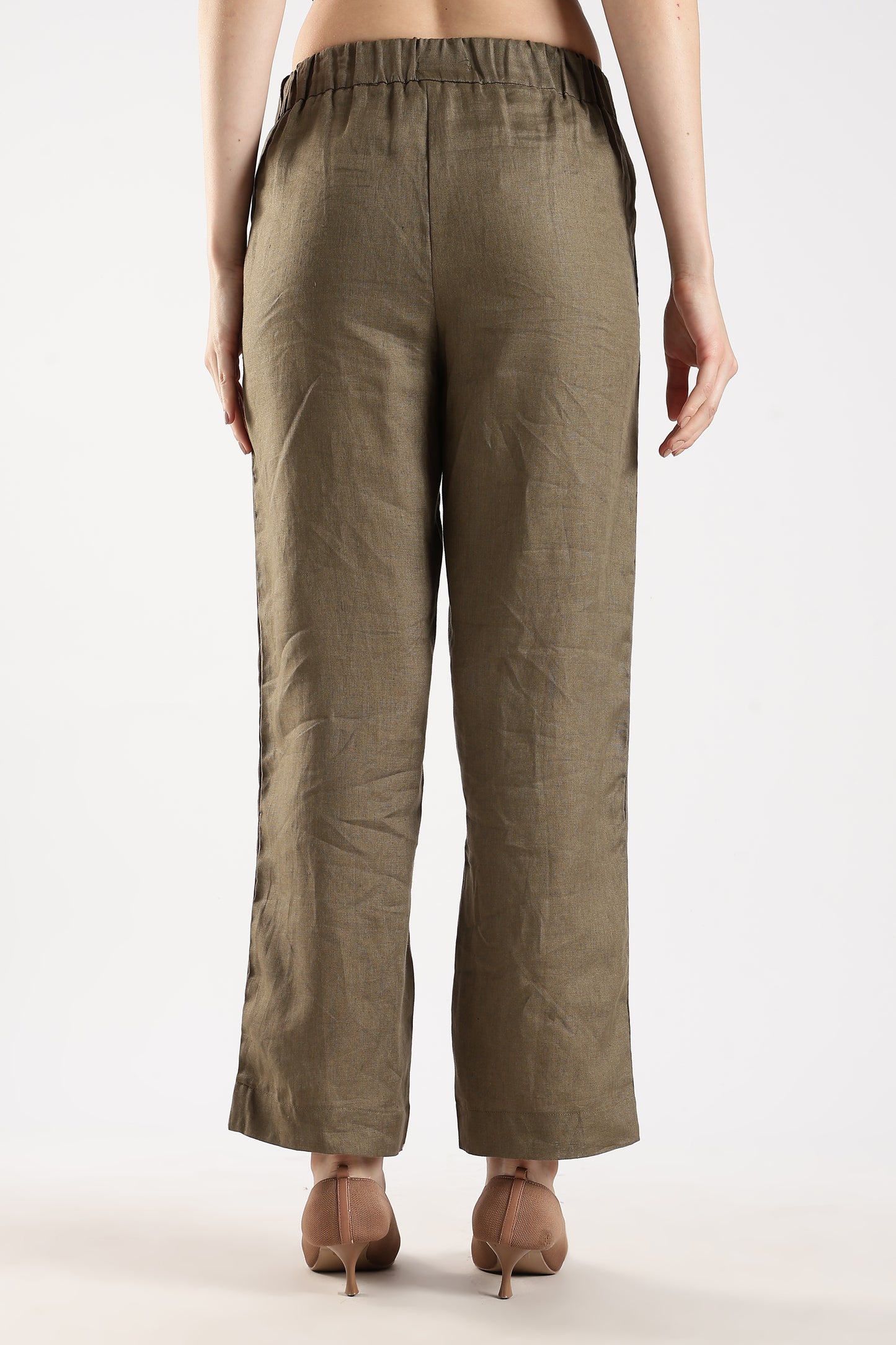 Linen Trousers with Back Elastic Detail Olive