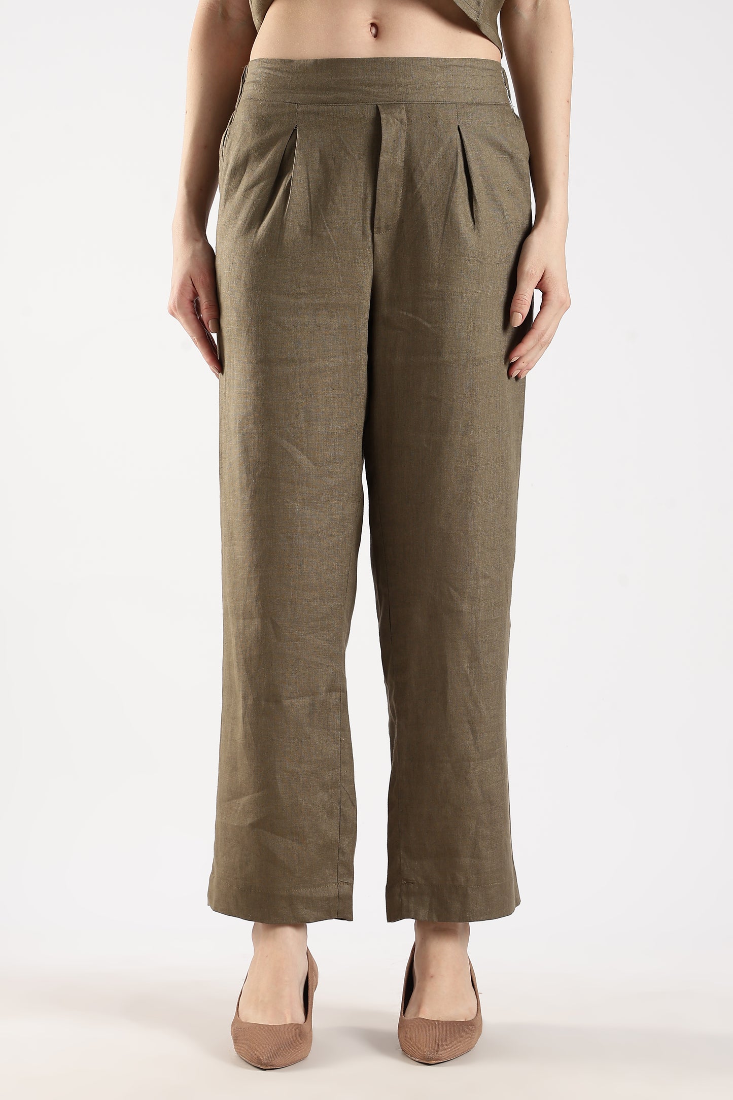 Linen Trousers with Back Elastic Detail Olive
