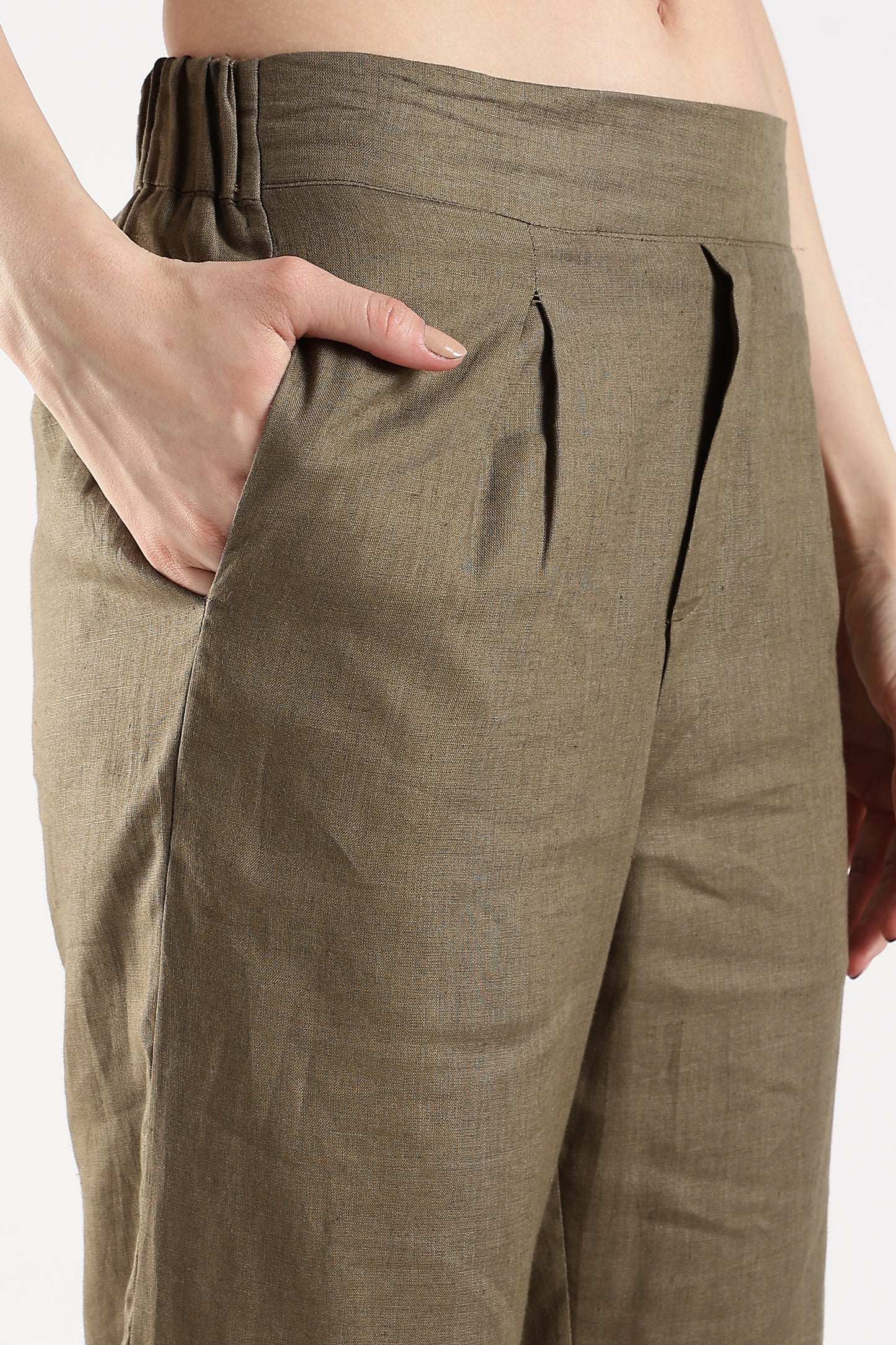 Linen Trousers with Back Elastic Detail Olive