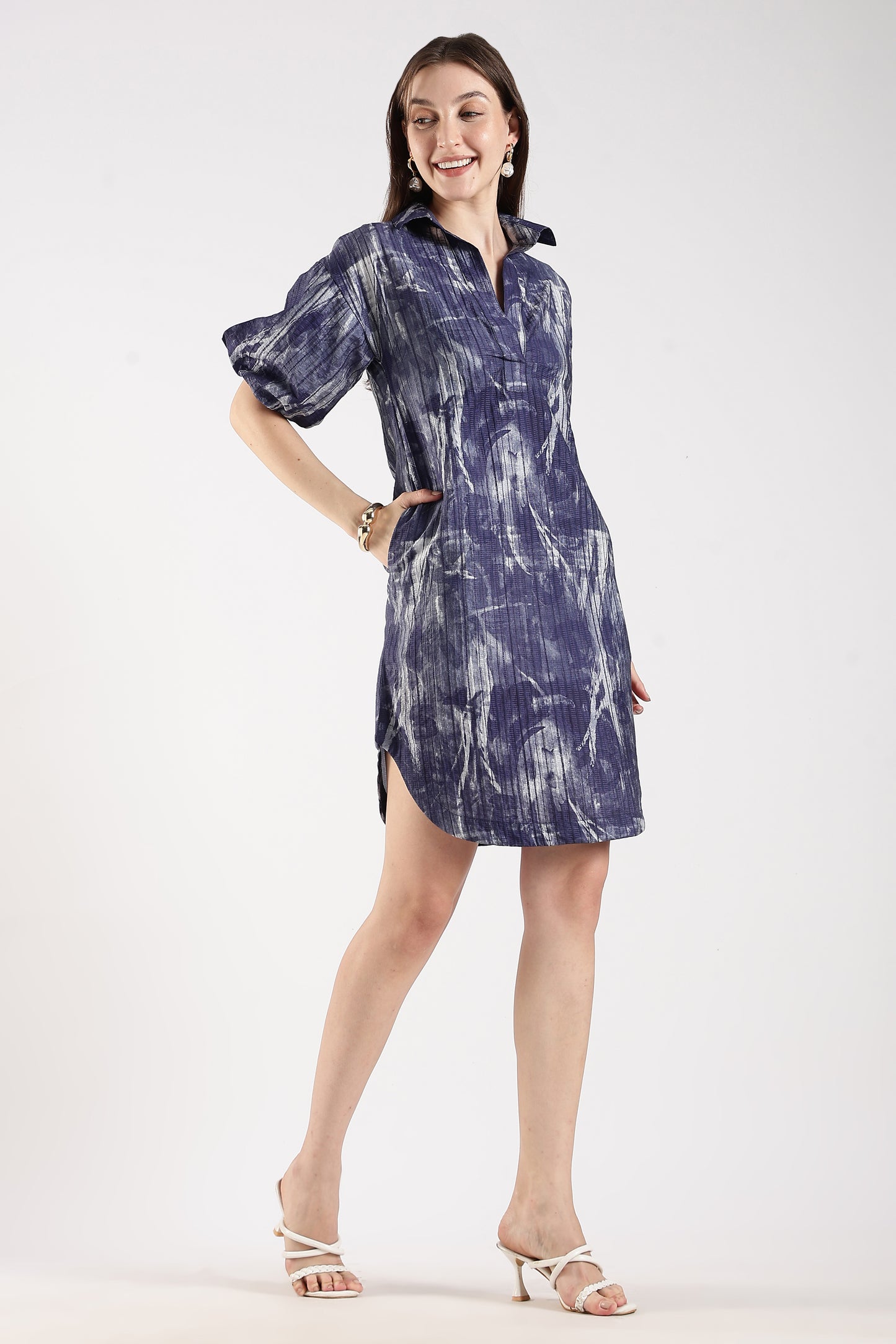 Collared Dress with Puff Sleeves Purple