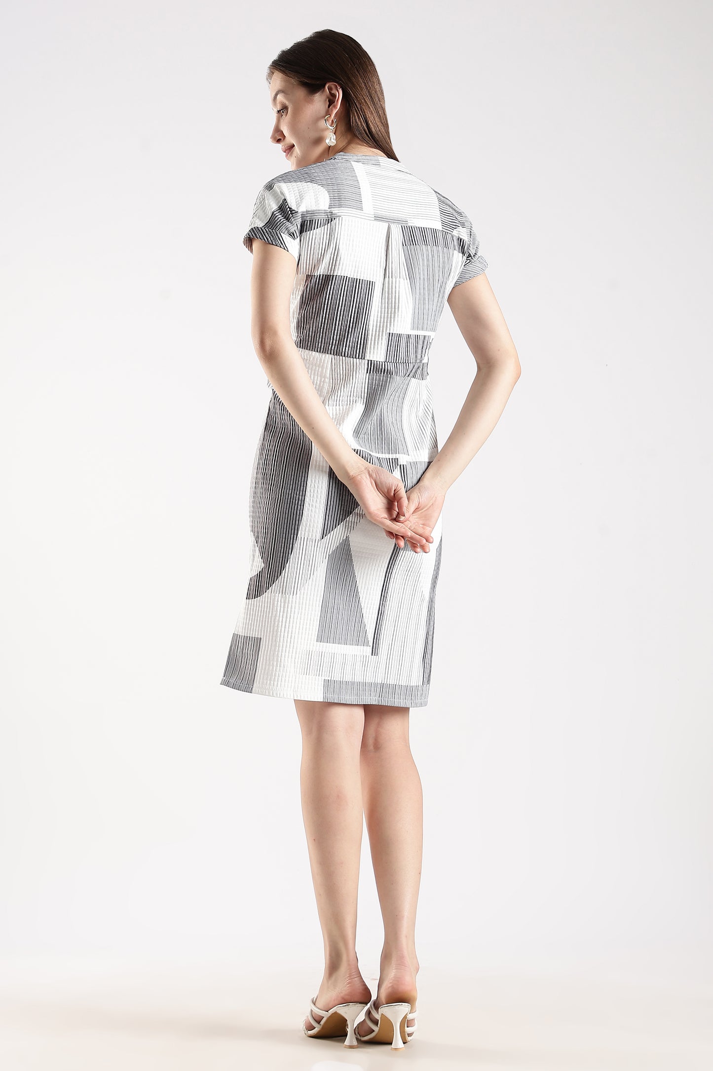 Printed Drawstring Waist Casual Dress White