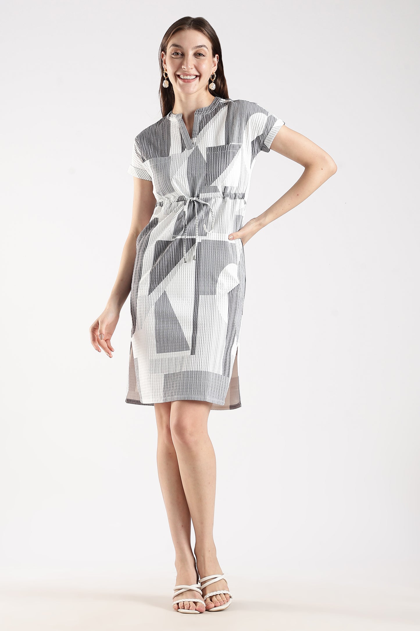 Printed Drawstring Waist Casual Dress White