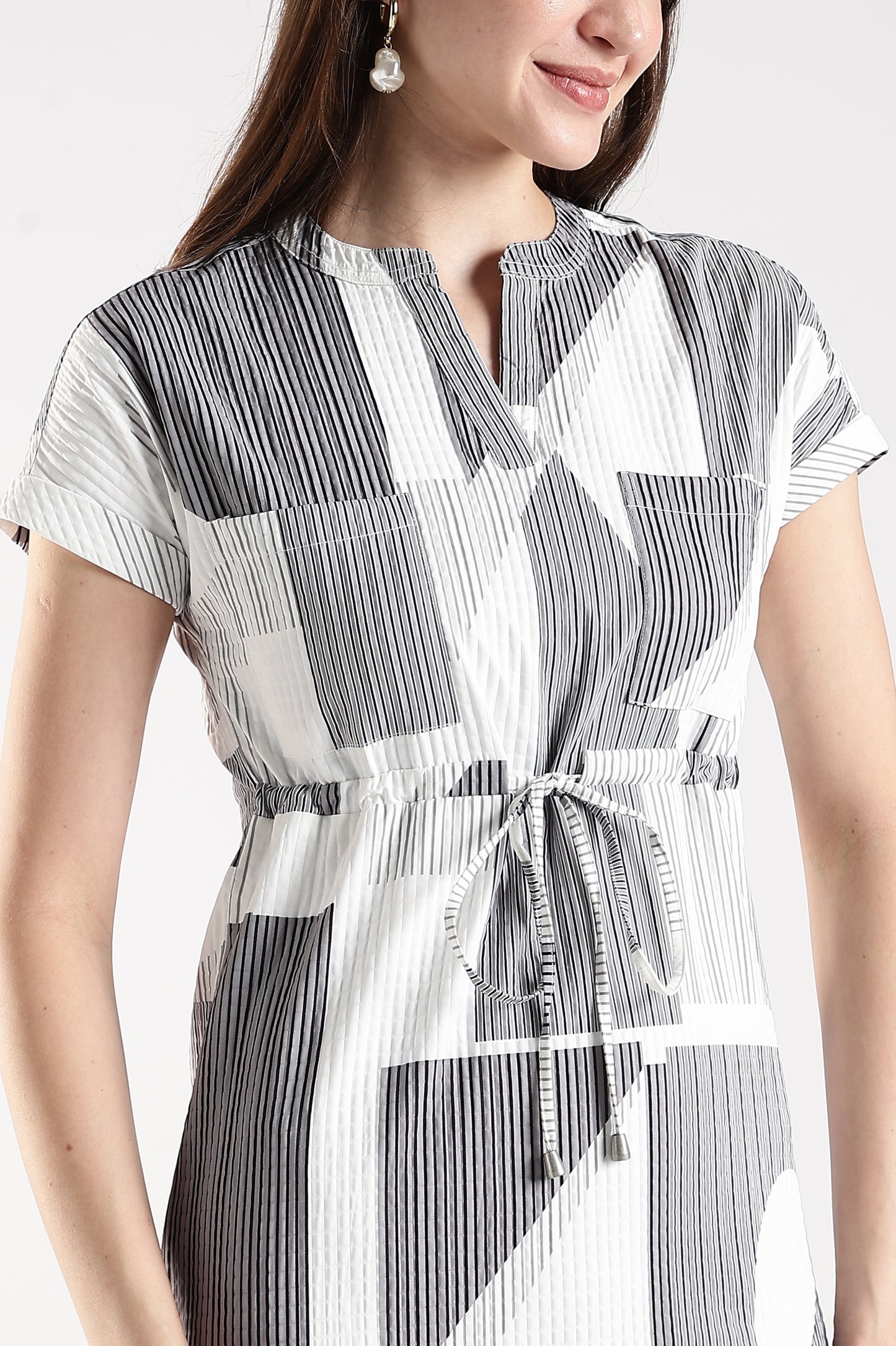 Printed Drawstring Waist Casual Dress White