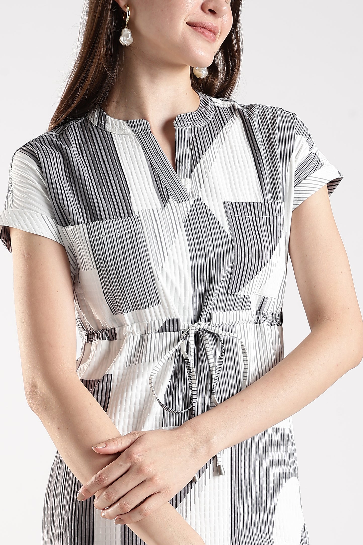 Printed Drawstring Waist Casual Dress White