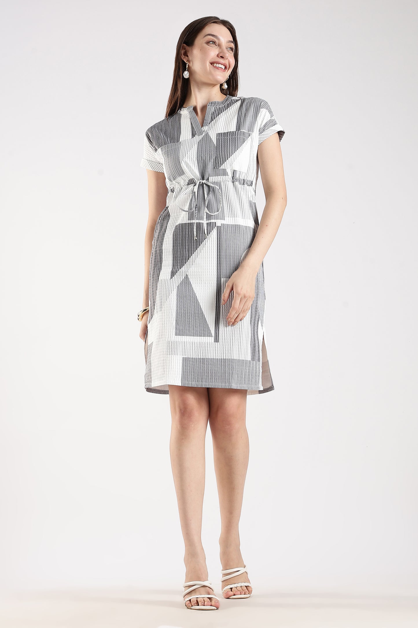 Printed Drawstring Waist Casual Dress White