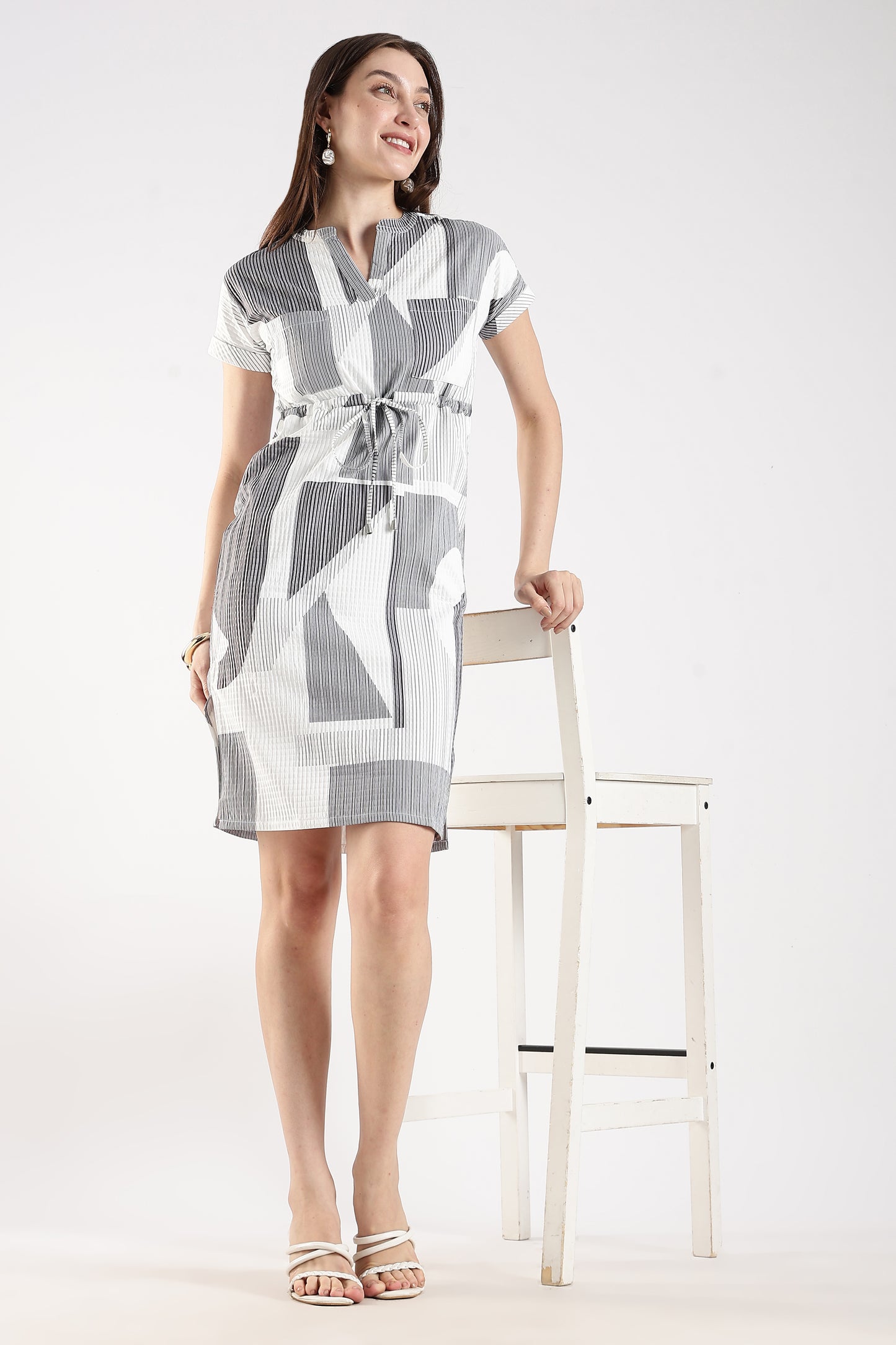 Printed Drawstring Waist Casual Dress White