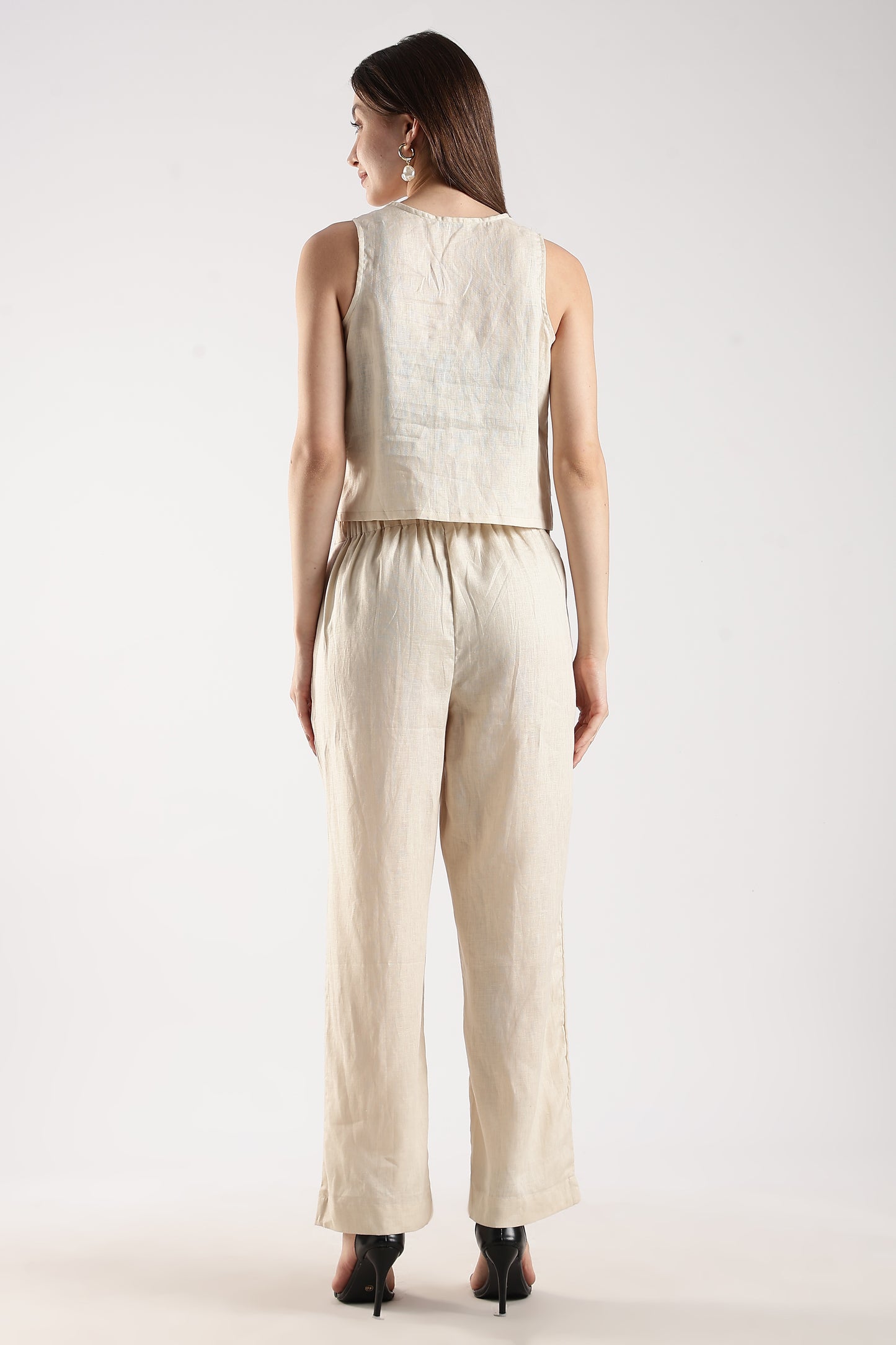 Linen Sleeveless Top With Front Tie Ups Beige