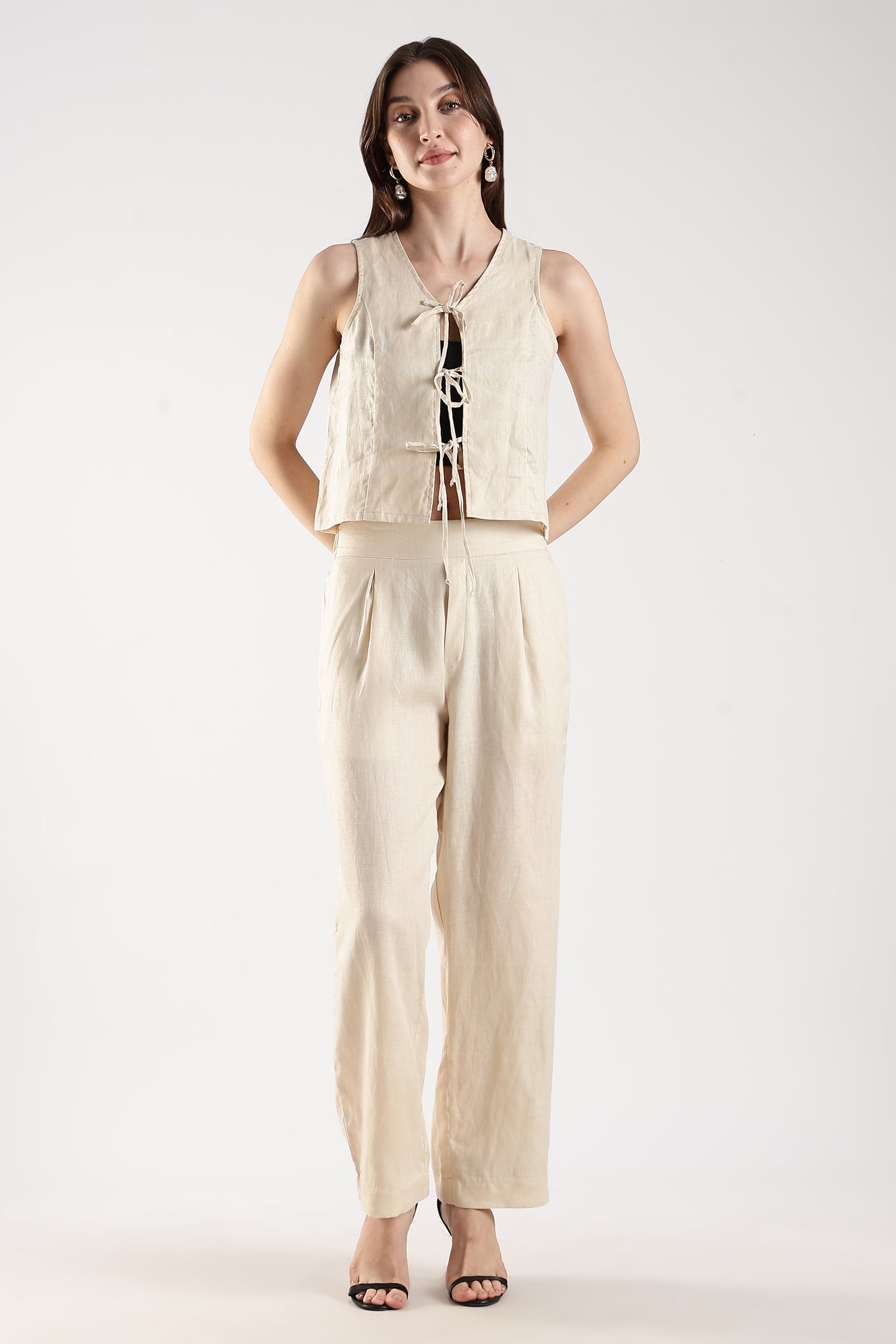 Linen Sleeveless Top With Front Tie Ups Beige