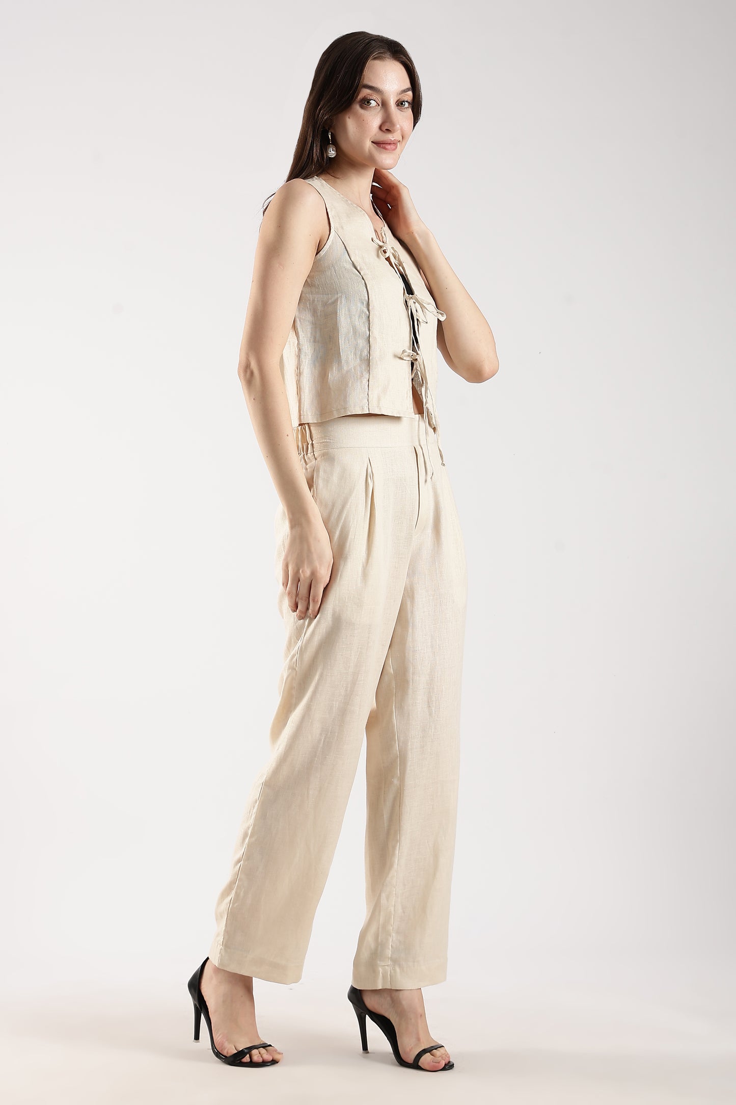 Linen Trousers with Back Elastic Detail Beige