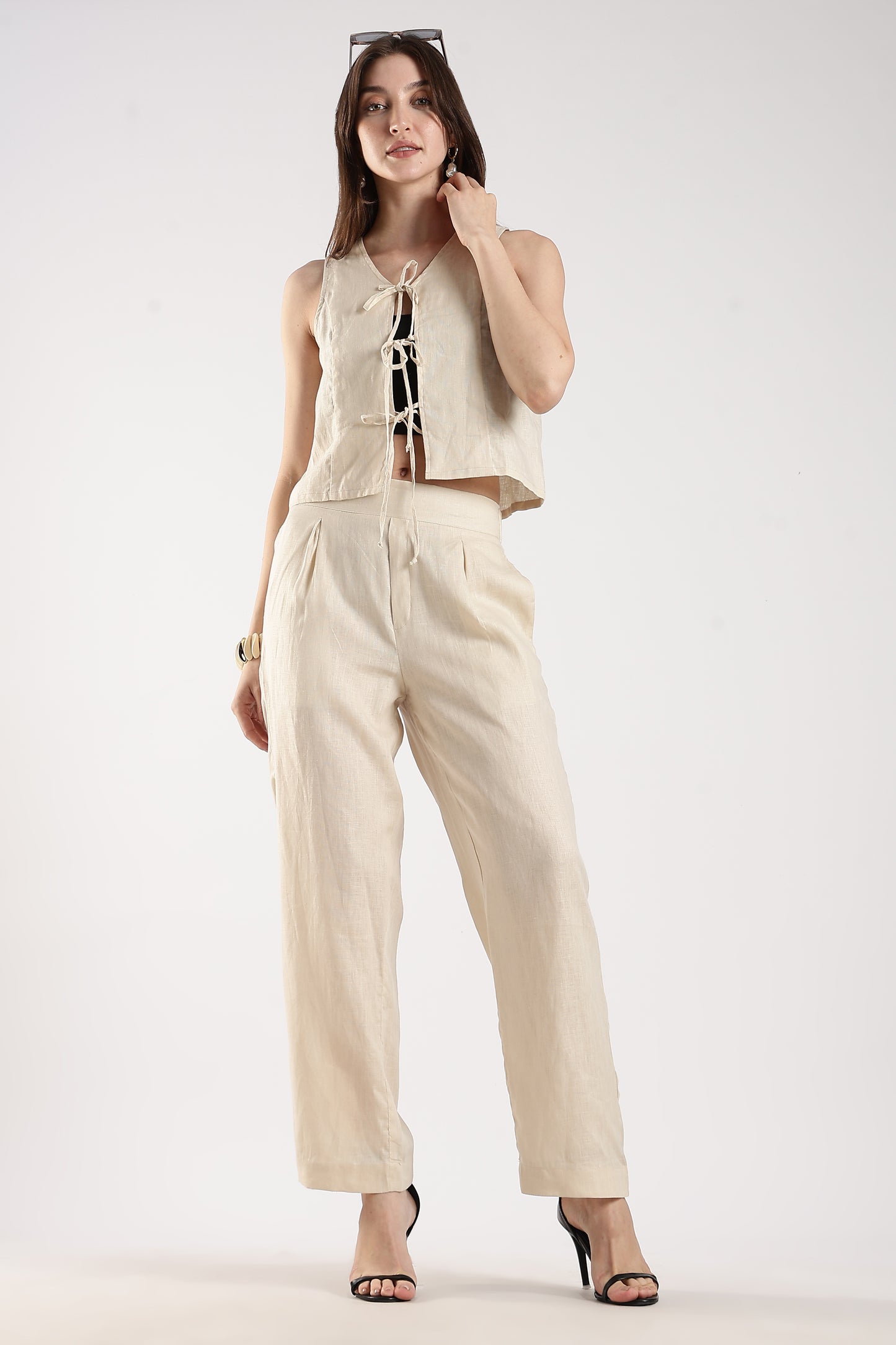 Linen Trousers with Back Elastic Detail Beige