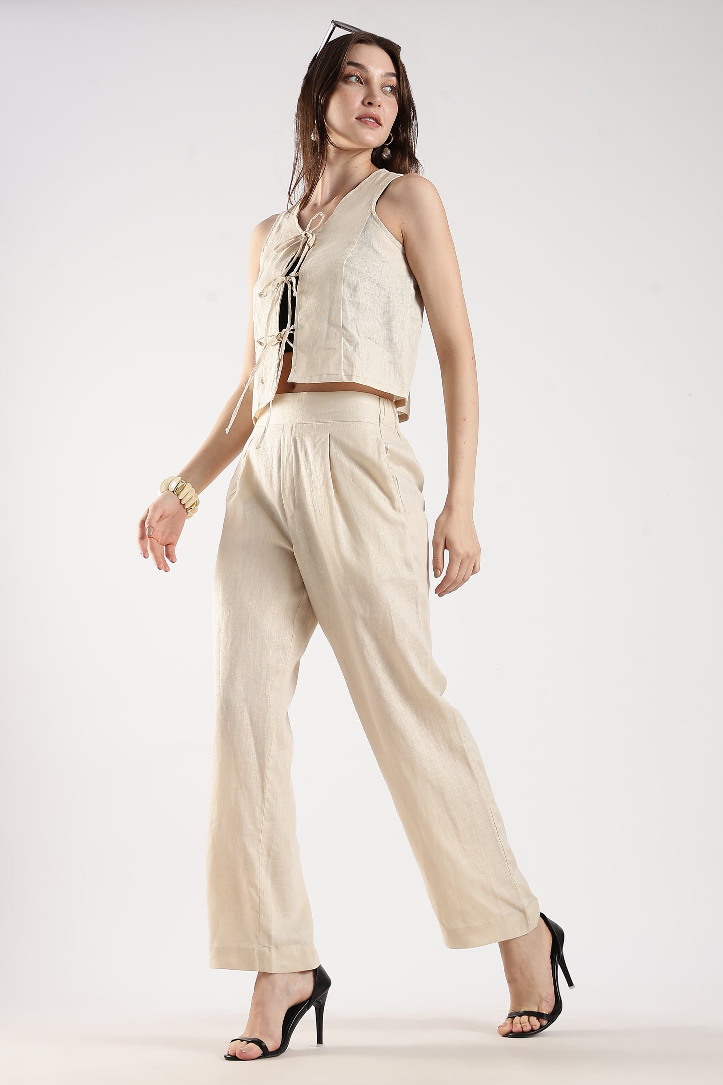 Linen Trousers with Back Elastic Detail Beige