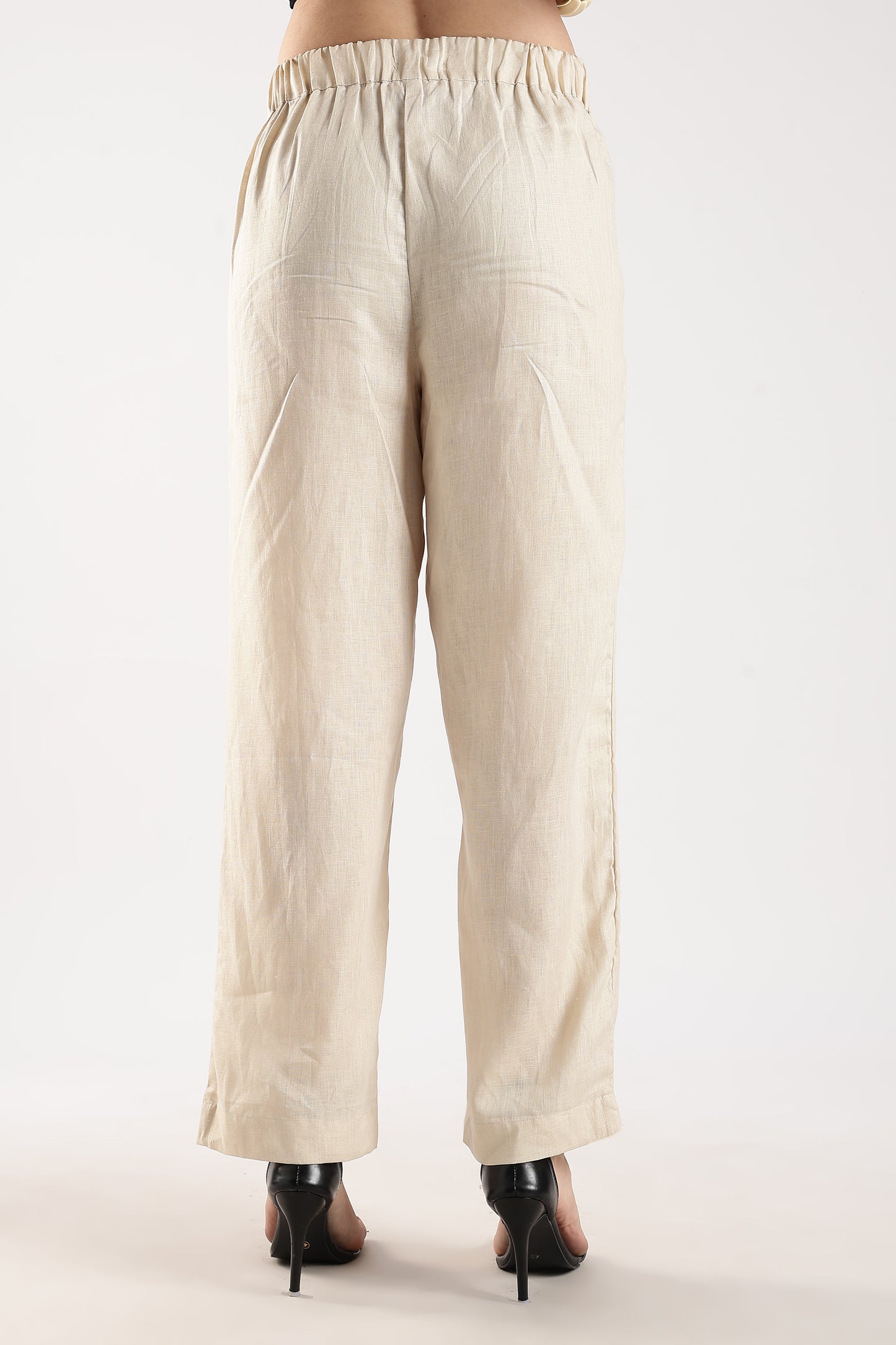 Linen Trousers with Back Elastic Detail Beige