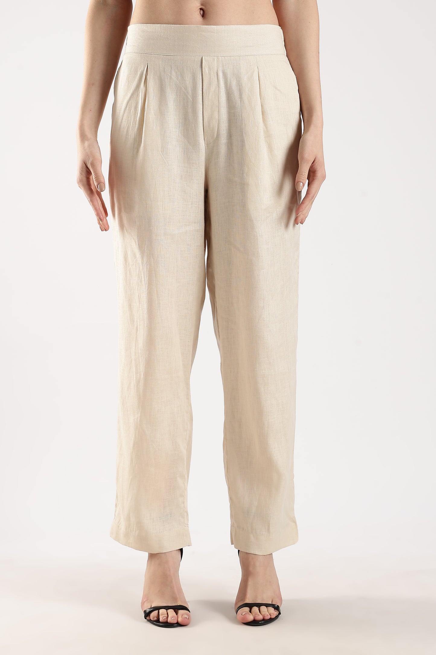 Linen Trousers with Back Elastic Detail Beige