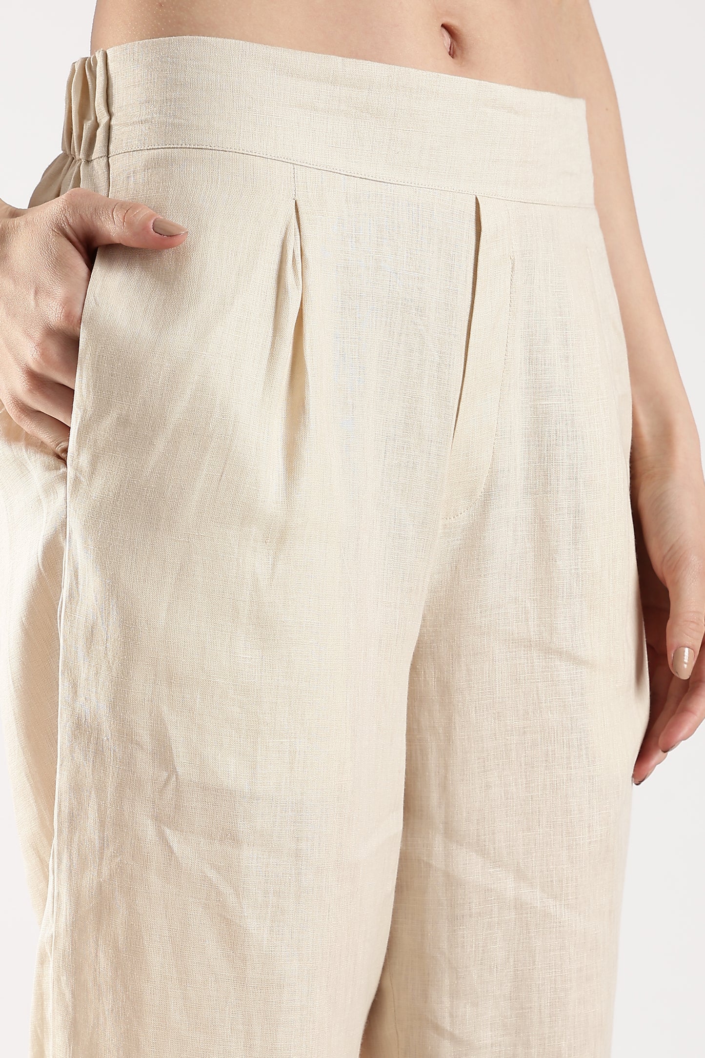 Linen Trousers with Back Elastic Detail Beige