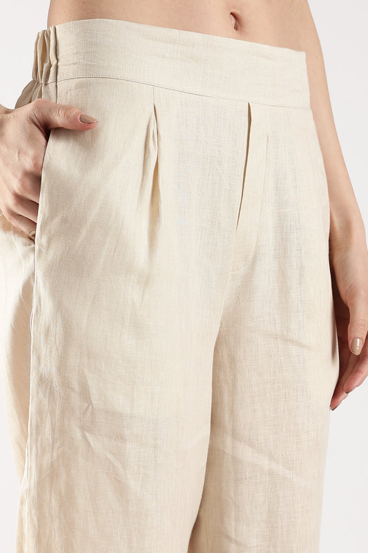 Linen Trousers with Back Elastic Detail Beige