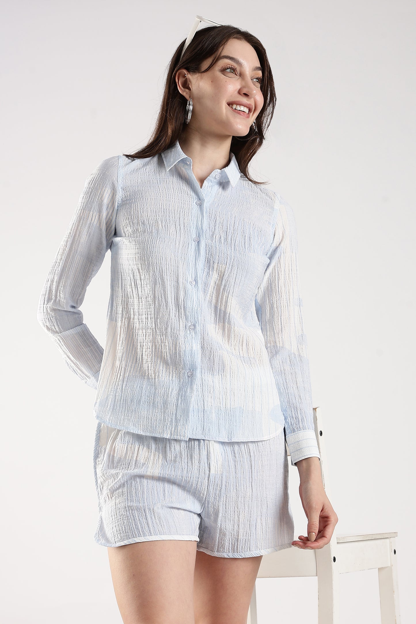 Textured Slim Fit Shirt White & Ice Blue