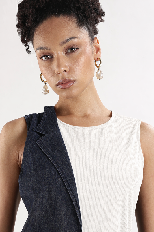 Bodycon Dress with Denim Overlay White and Blue