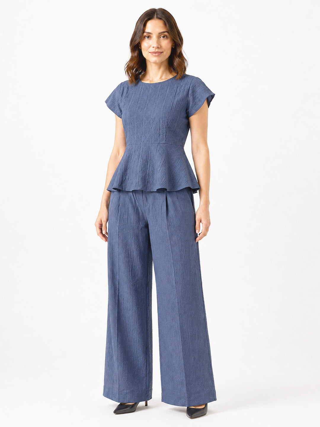 Women blue Textured High-Rise Wide-Leg Trousers