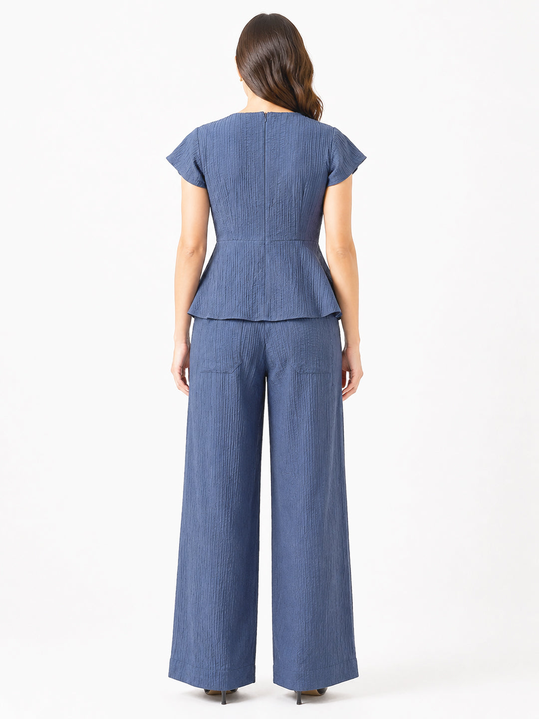 Women blue Textured High-Rise Wide-Leg Trousers