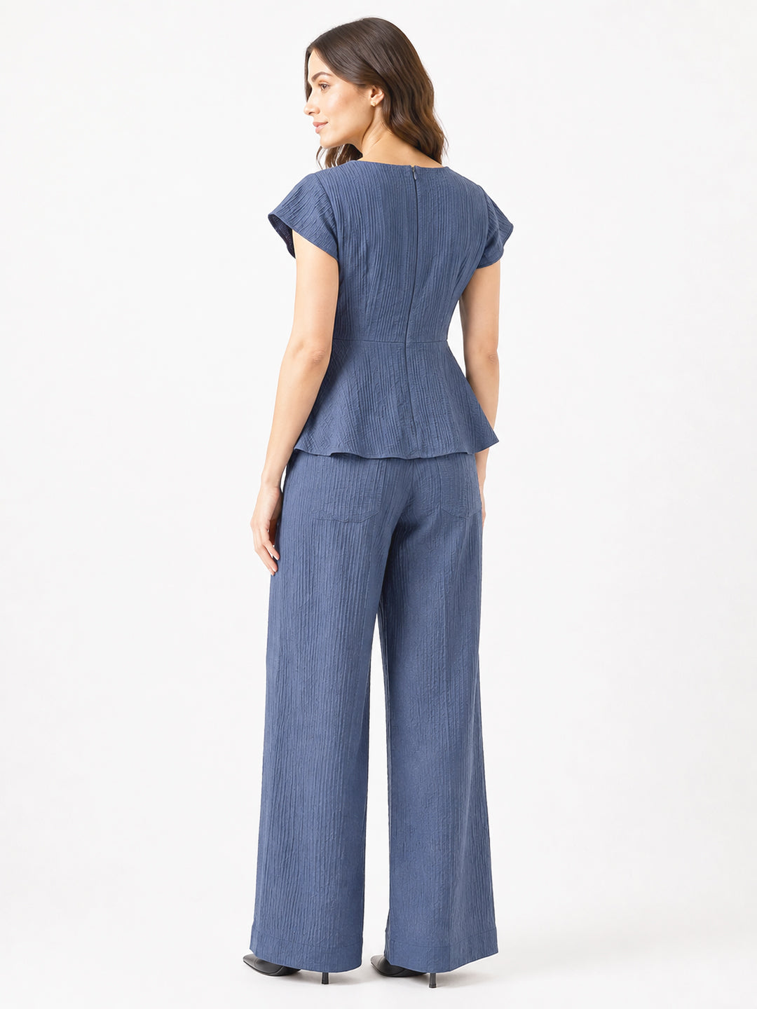 Women blue Textured High-Rise Wide-Leg Trousers