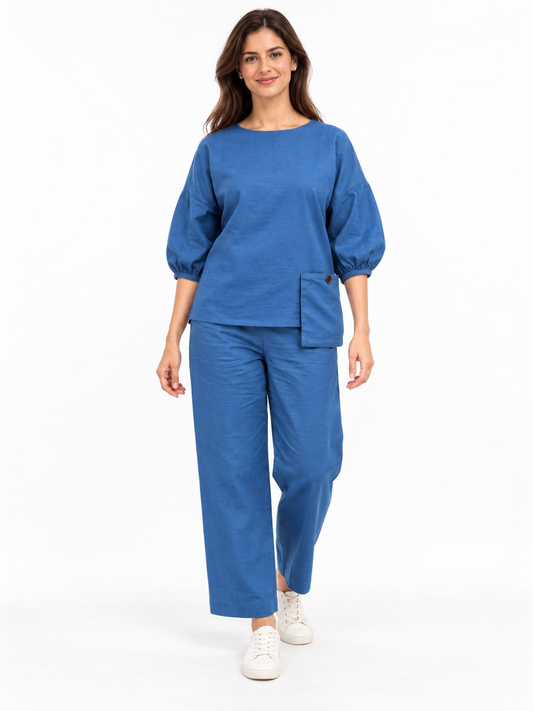 Women Blue Cotton Relaxed Fit Co-Ord Set
