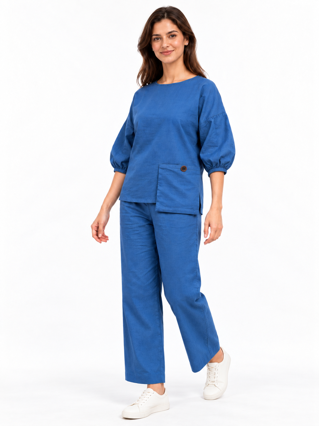 Women Blue Cotton Relaxed Fit Co-Ord Set