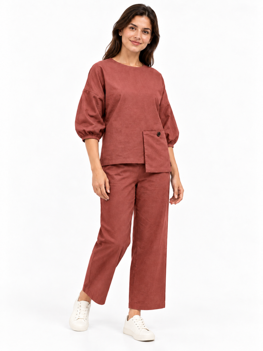 Women Rust Cotton Relaxed Fit Co-Ord Set