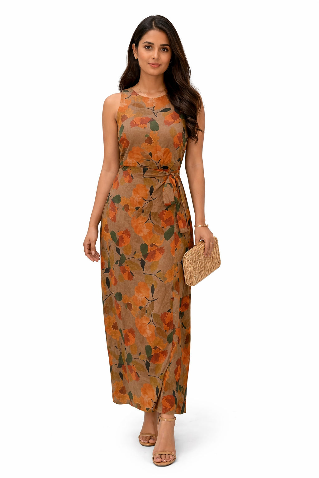Floral Maxi Dress with Waist- Tie Ups