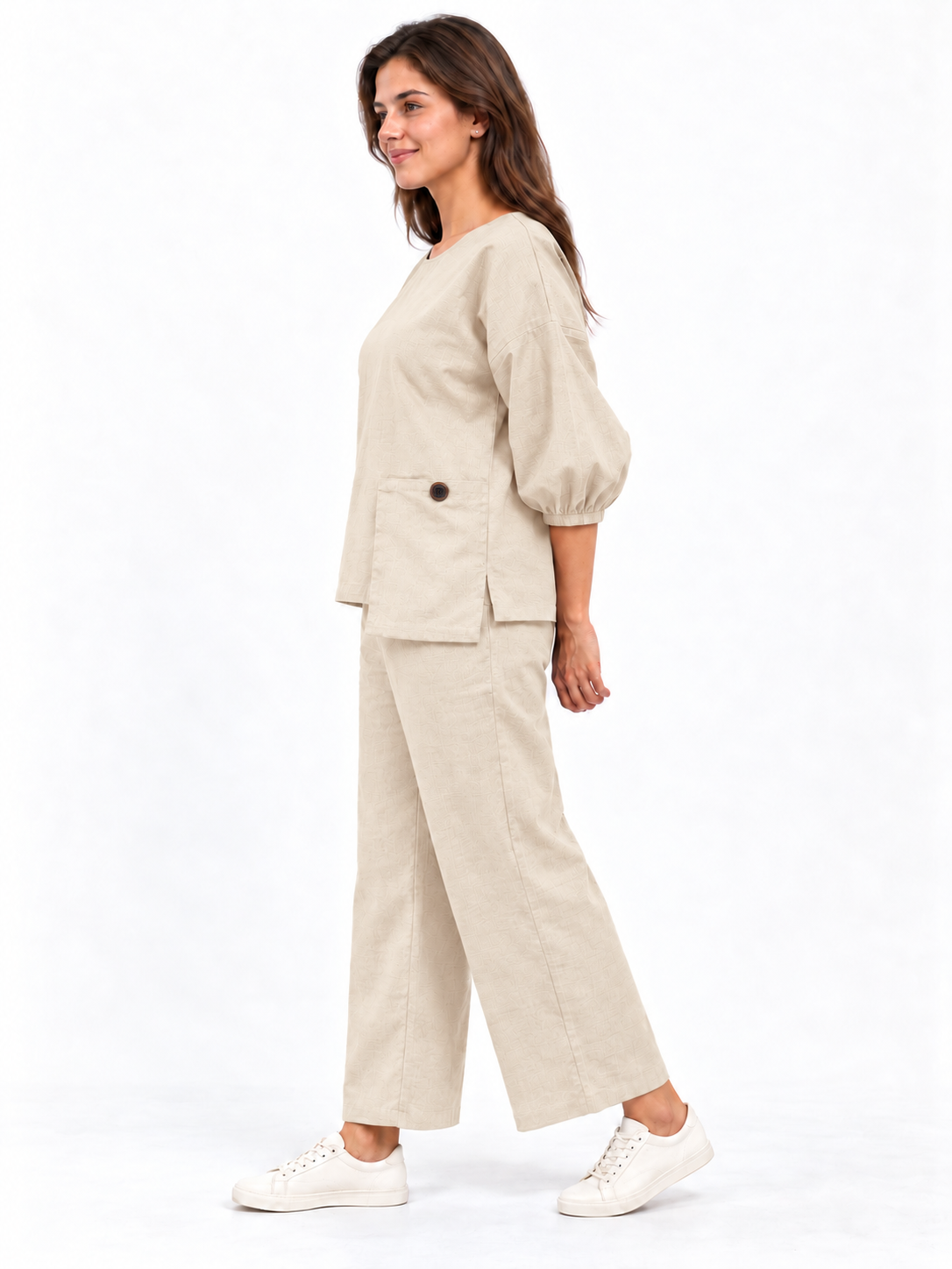 Women Beige Cotton Relaxed Fit Co-Ord Set
