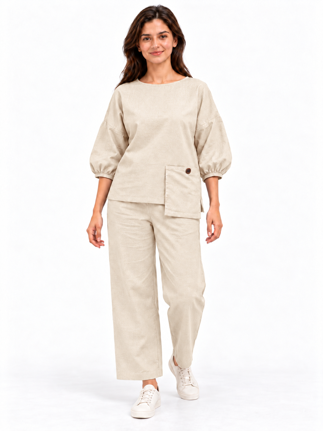 Women Beige Cotton Relaxed Fit Co-Ord Set