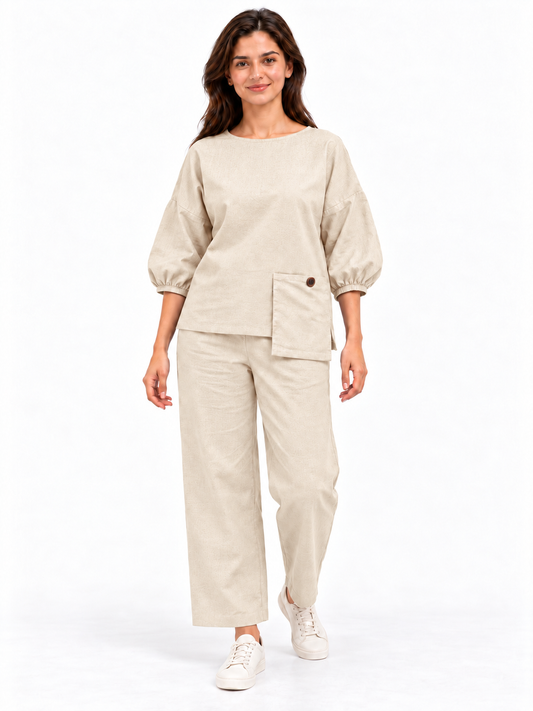 Women Beige Cotton Relaxed Fit Co-Ord Set
