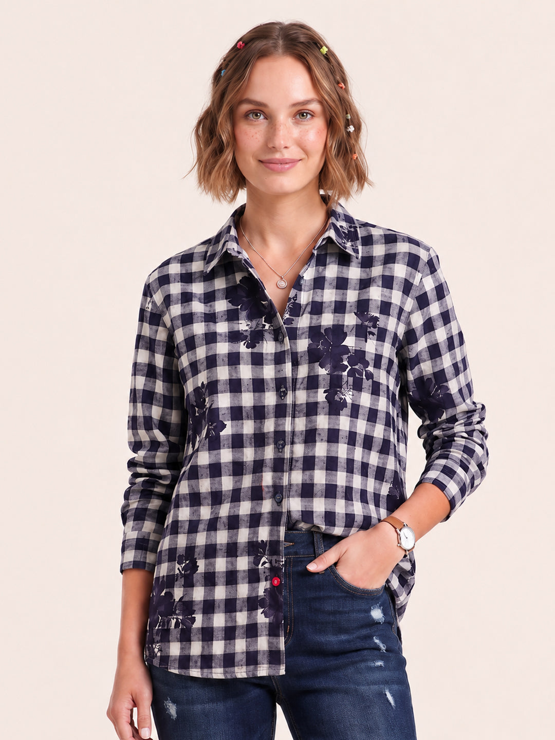 Women Blue Checks Full Sleeves Shirt