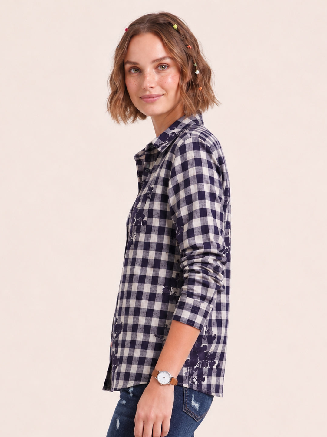 Women Blue Checks Full Sleeves Shirt