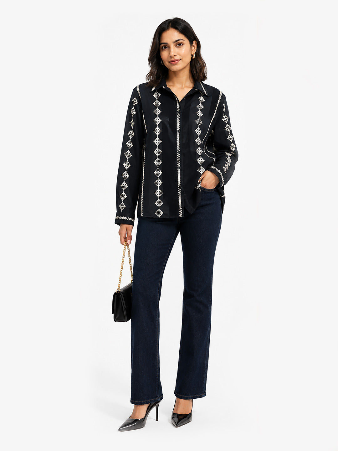 Women Black Embroidered Shirt