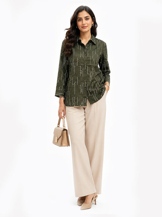 Women Green Embroidered Casual Full Sleeves Shirt