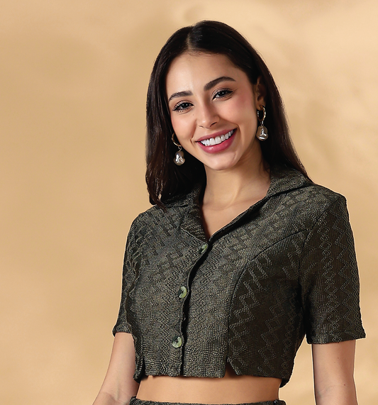 Green Knitted Camp Collar Shirt