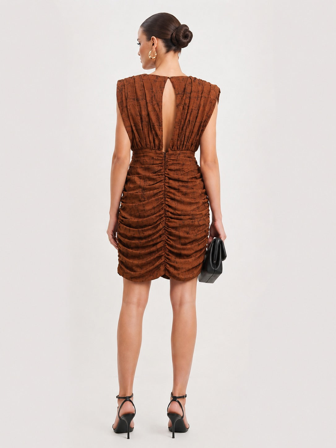Rust Colour Short Ruched Dress with Ruched Sleeves