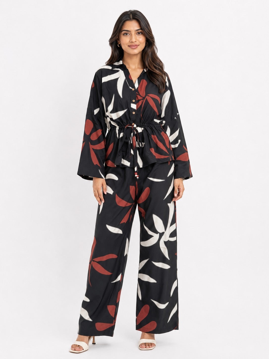 Women Black  Leaf - Printed Co-Ord Set