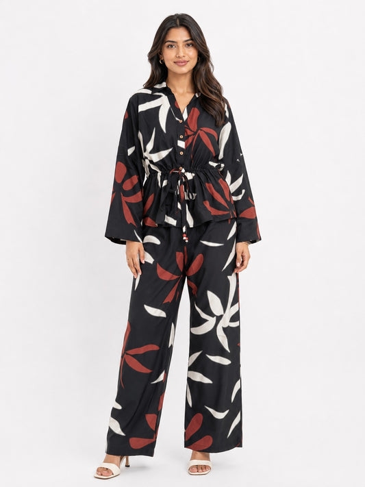 Women Black  Leaf - Printed Co-Ord Set